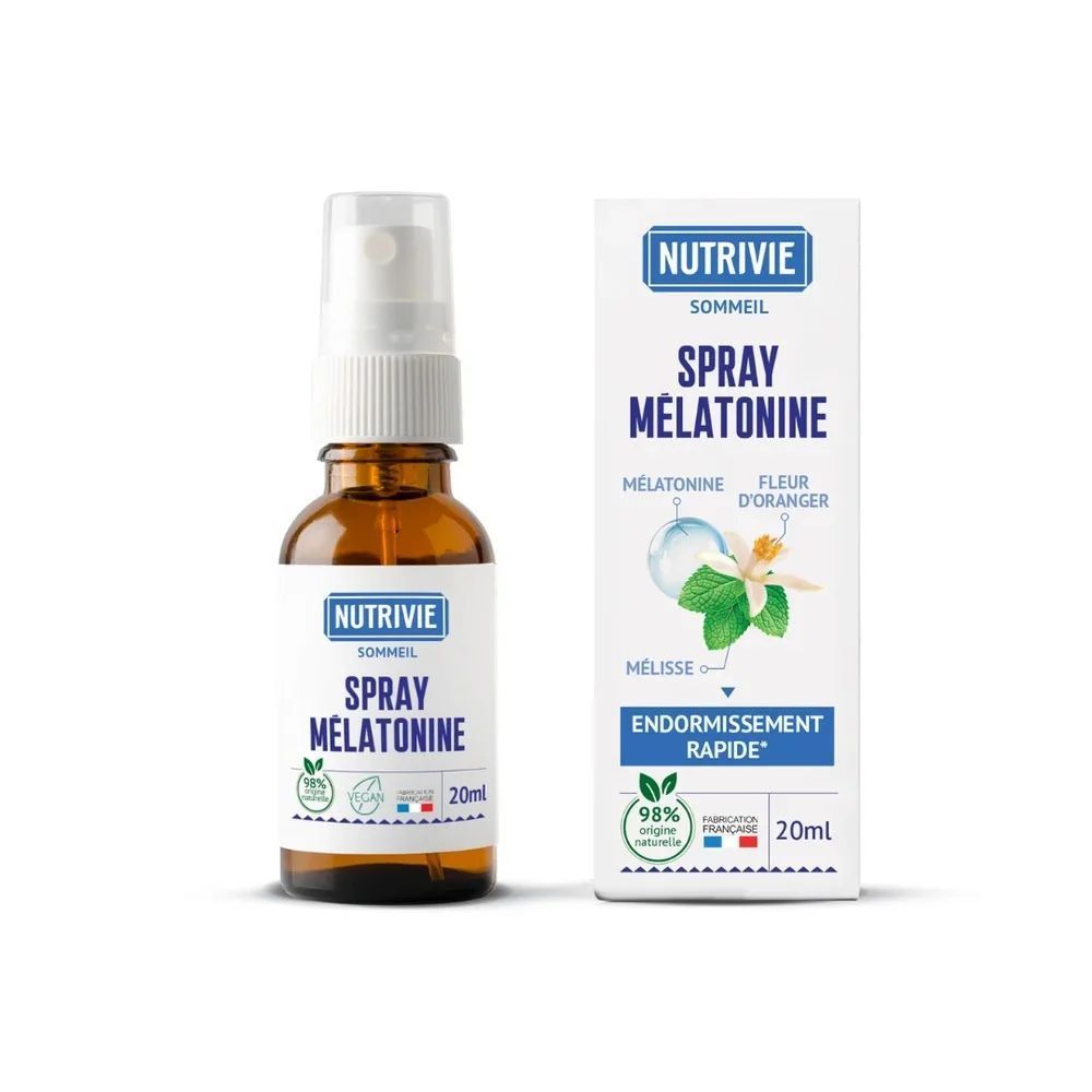 Spray Mélatonine 1,7 mg & Plantes – 20 ml Spray Mélatonine Nutrivie 1,7 mg – Flacon 20 ml avec mélisse, fleur d'oranger et vitamines B1 et B6 pour l'endormissement