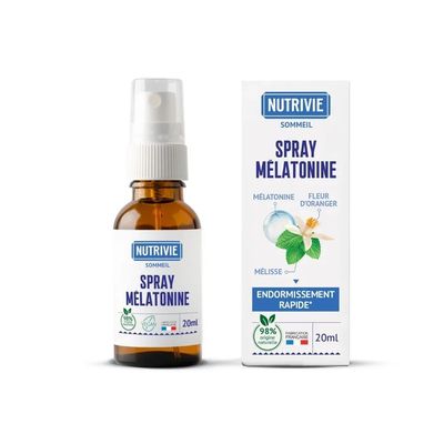 Spray Mélatonine 1,7 mg & Plantes – 20 ml Spray Mélatonine Nutrivie 1,7 mg – Flacon 20 ml avec mélisse, fleur d'oranger et vitamines B1 et B6 pour l'endormissement