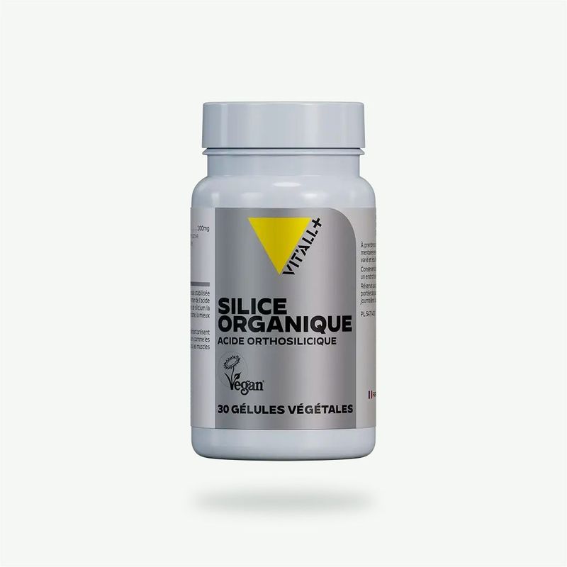 Silice Organique 25 mg – 30 gélules Silice Organique 25 mg Vit’All+ – Acide orthosilicique stabilisé par la choline apportant 25 mg de silice. 100 gélules