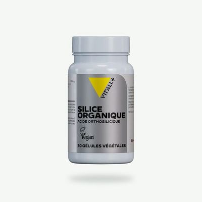 Silice Organique 25 mg – 30 gélules Silice Organique 25 mg Vit’All+ – Acide orthosilicique stabilisé par la choline apportant 25 mg de silice. 100 gélules