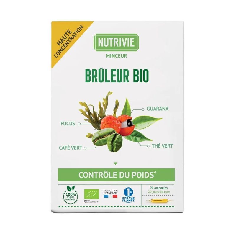 Complexe Brûleur Bio – 20 ampoules Complexe Brûleur Bio Nutrivie – 20 ampoules aux extraits biologiques de thé vert, café vert, guarana et fucus