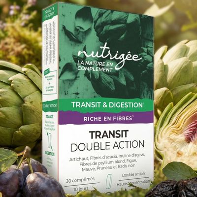 Transit Double Action Bio 60 comprimés Transit Double Action Nutrigée 60 comprimés – complément alimentaire fibres bio et psyllium blond.