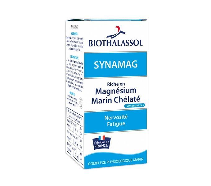 SYNAMAG Biothalassol – Boîte de 120 comprimés au magnésium marin, lithothamne, levure de bière bio et peptides de sardine