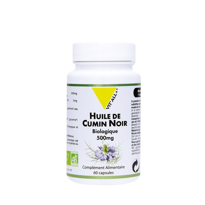 Huile de Nigelle Bio 60 capsules Vit'all+ à base de Nigella sativa obtenue par première pression à froid.