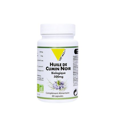 Huile de nigelle 60 capsules Huile de Nigelle Bio 60 capsules Vit'all+ à base de Nigella sativa obtenue par première pression à froid.