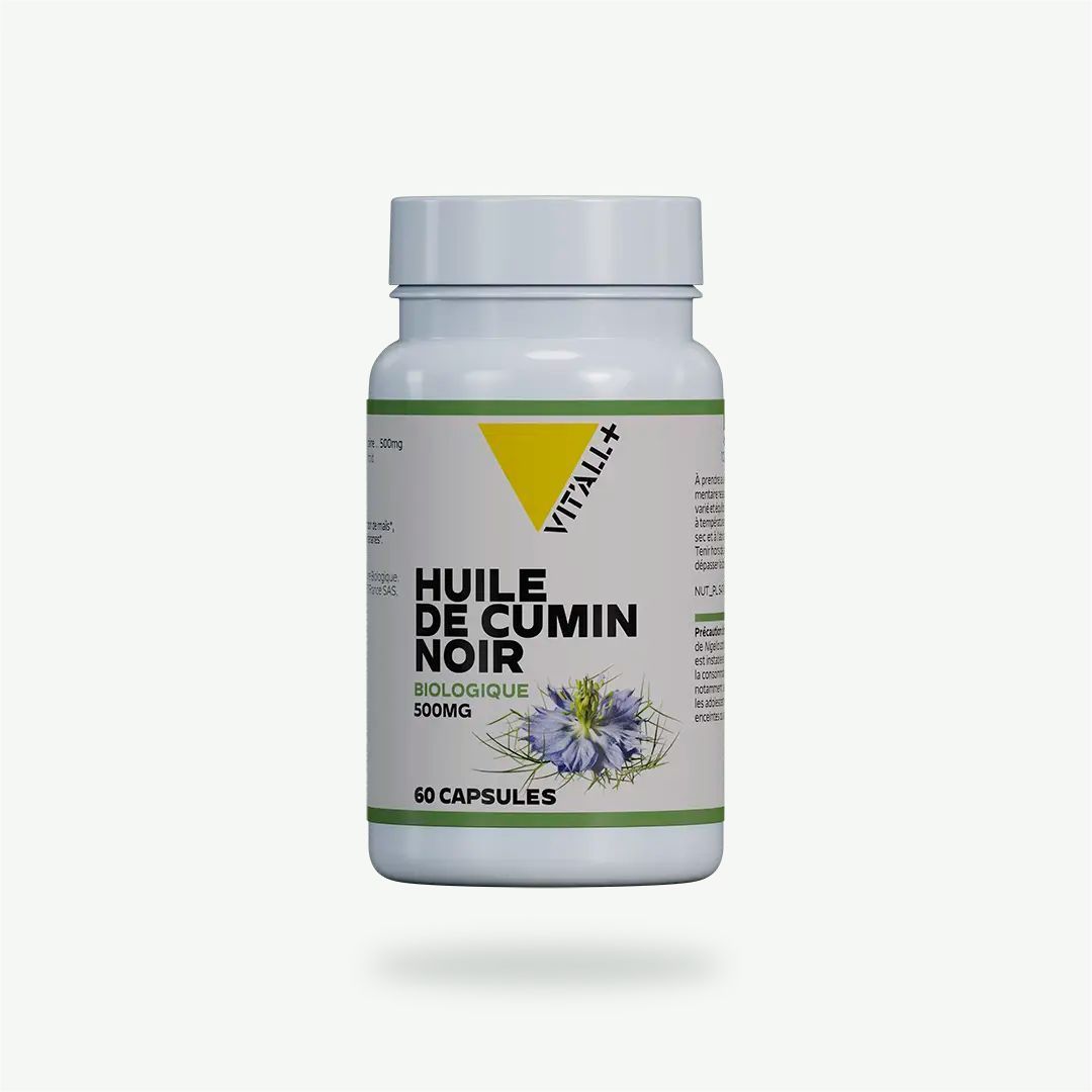 Huile de Cumin Noir Bio 500 mg – 60 capsules Huile de Cumin Noir Bio Vit’All+ – Huile vierge de Nigella sativa 500 mg obtenue par pression à froid – 60 capsules