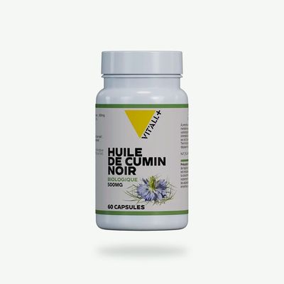 Huile de Cumin Noir Bio 500 mg – 60 capsules Huile de Cumin Noir Bio Vit’All+ – Huile vierge de Nigella sativa 500 mg obtenue par pression à froid – 60 capsules