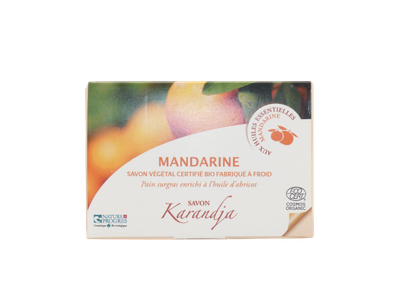 Savon mandarine 100 g surgras 5 pourcent huile abricot argile rouge calendula bio COSMOS ORGANIC peau sèche savon naturel