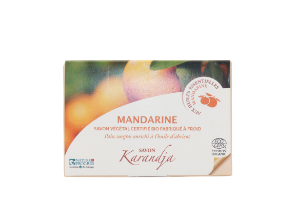 Savon mandarine 100 g surgras 5 pourcent huile abricot argile rouge calendula bio COSMOS ORGANIC peau sèche savon naturel