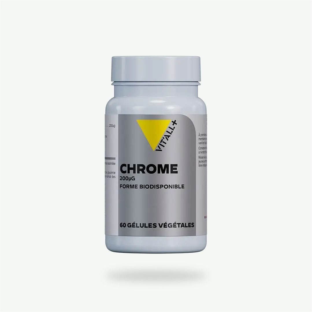 Chrome Picolinate 200 µg – 60 gélules Chrome Picolinate 200 µg Vit’All+ en gélules végétales – 500 % des apports de référence. 60 gélules