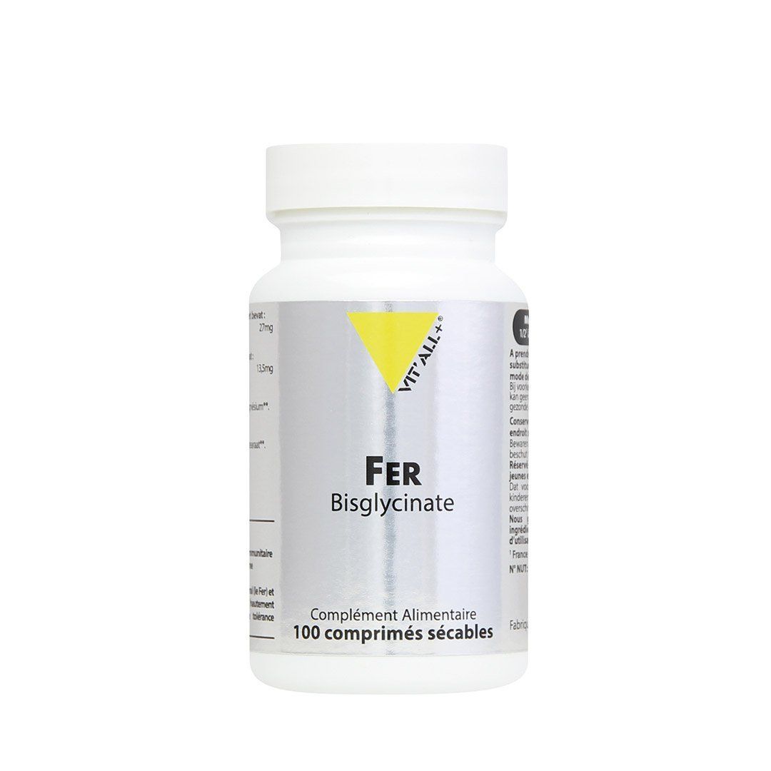 Fer Bisglycinate 100 comprimés Fer Bisglycinate 100 comprimés Vit'all+ complément alimentaire à base de fer bisglycinate hautement assimilable.