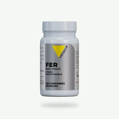 Fer Bisglycinate 27 mg – 100 comprimés Fer Bisglycinate Vit’All+ – Fer bisglycinate 27 mg avec extrait de bambou standardisé en silice – 100 comprimés