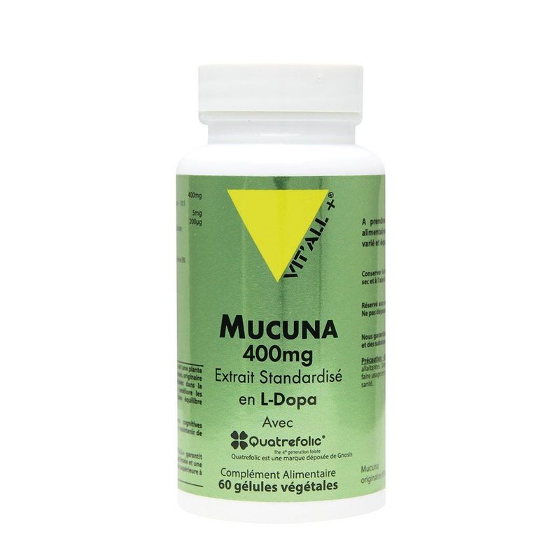 Mucuna 60 gélules Mucuna VIT'ALL+ 60 gélules extrait standardisé de Mucuna pruriens avec zinc et vitamine B9 Quatrefolic.