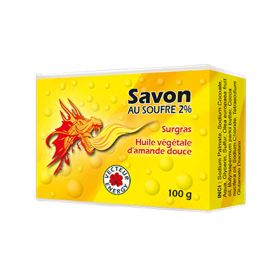 Soufre 2% Surgras 100 g Savon Soufre 2 pourcent surgras 100 g savon visage corps au soufre fabriqué en France