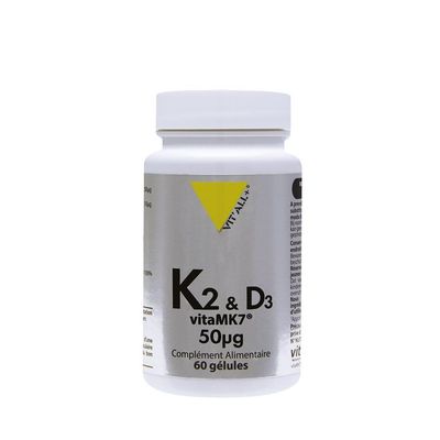 K2 & D3 60 gélules K2 D3 60 gélules Vit'all+ avec vitamine K2 VitaMK7 et vitamine D3 végétale issue du lichen.