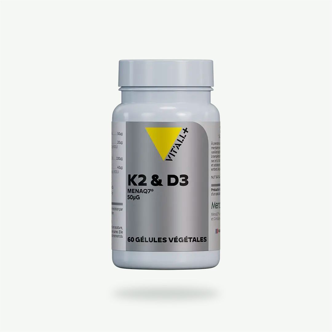 Vitamines K2 MenaQ7® & D3 – 60 gélules Vitamines K2 MenaQ7® et D3 Vit’All+ – K2 MK-7 50 µg et vitamine D3 végétale 20 µg issue du lichen – 60 gélules