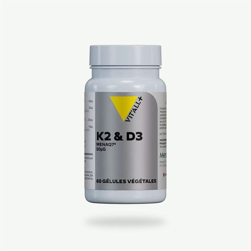 Vitamines K2 MenaQ7® & D3 – 60 gélules Vitamines K2 MenaQ7® et D3 Vit’All+ – K2 MK-7 50 µg et vitamine D3 végétale 20 µg issue du lichen – 60 gélules