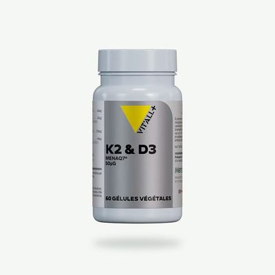 Vitamines K2 MenaQ7® et D3 Vit’All+ – K2 MK-7 50 µg et vitamine D3 végétale 20 µg issue du lichen – 60 gélules