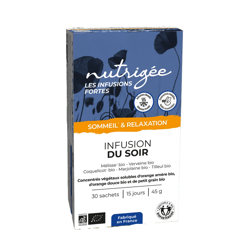 Infusion du Soir Nutrigée 30 sachets bio sommeil relaxation mélisse coquelicot.
