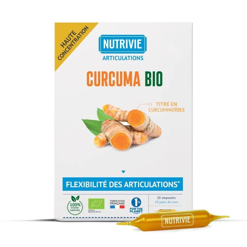 Curcuma Bio 2730 mg – 20 ampoules Curcuma Bio 2730 mg Nutrivie – 20 ampoules aux extraits biologiques de rhizome de curcuma et émulsion titrée en curcuminoïdes