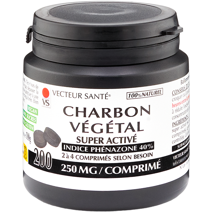 Charbon Vegetal Super Active 200 comprimes charbon actif noix de coco vegan sans gluten