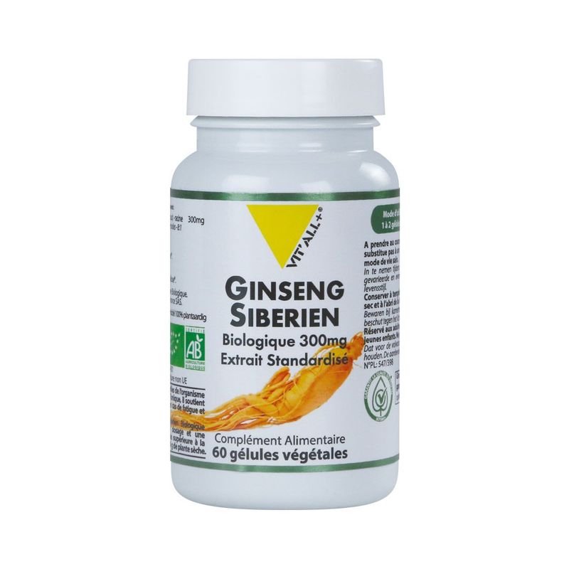 Ginseng sibérien Bio 60 gélules Ginseng Sibérien Bio 60 gélules VIT'ALL+ extrait standardisé d'Eleutherococcus senticosus certifié biologique.