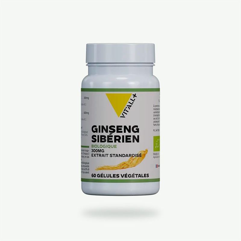 Ginseng Sibérien (Éleuthérocoque) Bio 300 mg – 60 gélules Ginseng Sibérien Bio Vit’All+ – Éleuthérocoque Bio 300 mg, extrait 8:1 standardisé à 0,8 % d’éleuthérosides – 60 gélules