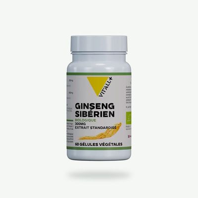 Ginseng Sibérien (Éleuthérocoque) Bio 300 mg – 60 gélules Ginseng Sibérien Bio Vit’All+ – Éleuthérocoque Bio 300 mg, extrait 8:1 standardisé à 0,8 % d’éleuthérosides – 60 gélules
