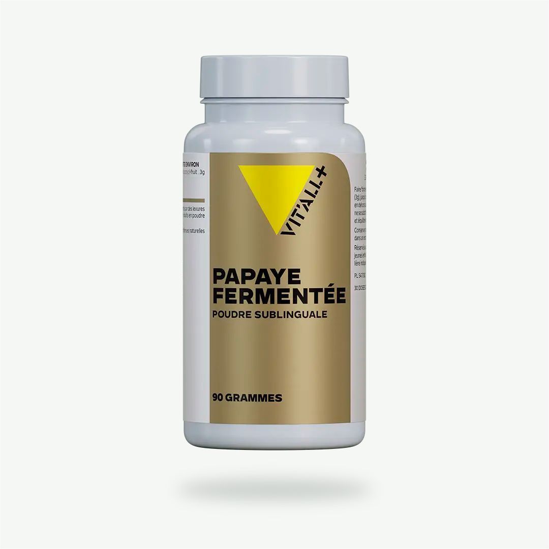Papaye Fermentée Poudre Sublinguale – 90 g Papaye Fermentée Vit’All+ – Poudre sublinguale composée à 100 % de fruits de Carica papaya fermentés par des levures – 90 g