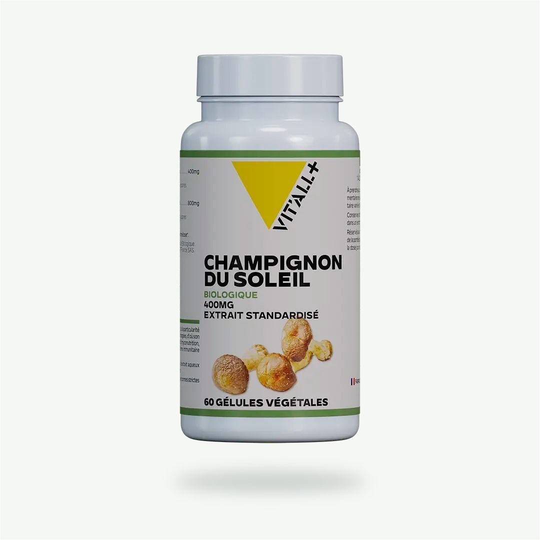 Champignon du Soleil Bio 400 mg – 60 gélules Champignon du Soleil Bio 400 mg Vit’All+ – Agaricus blazei standardisé en bêta-glucanes