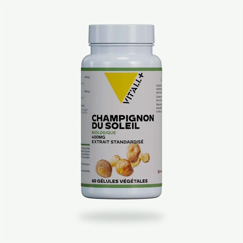 Champignon du Soleil Bio 400 mg – 60 gélules Champignon du Soleil Bio 400 mg Vit’All+ – Agaricus blazei standardisé en bêta-glucanes
