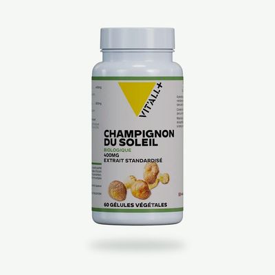 Champignon du Soleil Bio 400 mg – 60 gélules Champignon du Soleil Bio 400 mg Vit’All+ – Agaricus blazei standardisé en bêta-glucanes