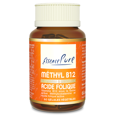 Méthyl B12 60 gélules Méthyl B12 EssencePure 60 gélules – vitamine B12 méthylcobalamine, folate 5-MTHF, quinoa et spiruline