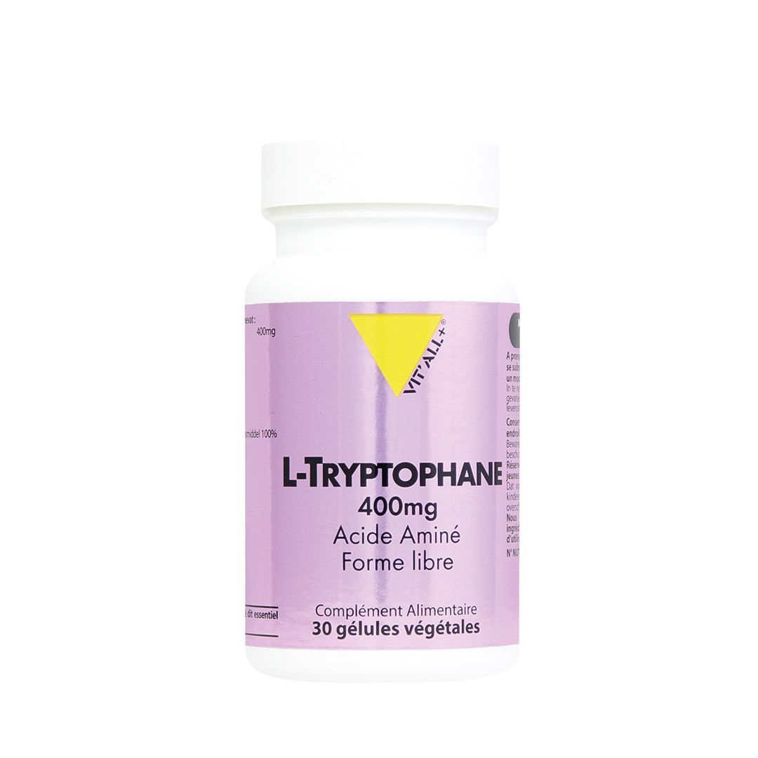 L-Tryptophane Vit'all+ 30 gélules végétales apportant 400 mg de L-Tryptophane issu de fermentation.