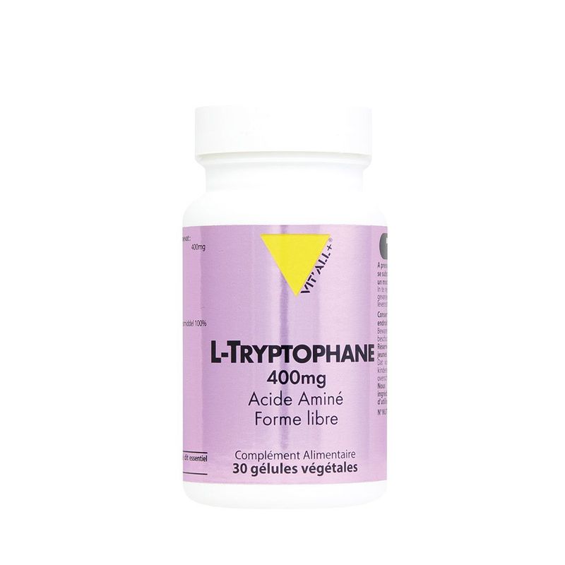 L-Tryptophane Vit'all+ 30 gélules végétales apportant 400 mg de L-Tryptophane issu de fermentation.