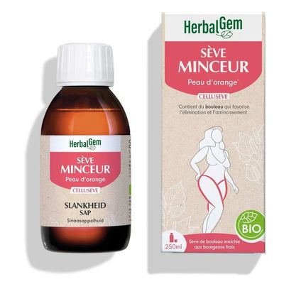 Sève Minceur Bio HerbalGem – Amincissement – 250 ml Sève de Bouleau Minceur Bio HerbalGem pour l'amincissement à base de châtaignier et bouleau, flacon de 250 ml