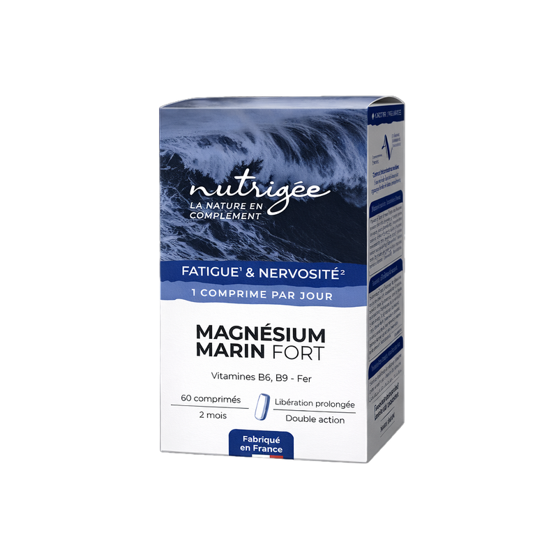 Magnésium Marin Fort 30 comprimés Magnésium Marin Fort Nutrigée 30 comprimés – 300 mg de magnésium marin avec fer, vitamines B6 et B9