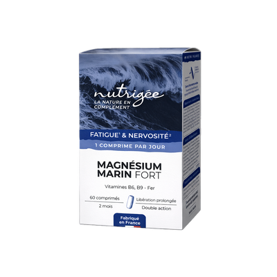 Magnésium Marin Fort 30 comprimés Magnésium Marin Fort Nutrigée 30 comprimés – 300 mg de magnésium marin avec fer, vitamines B6 et B9