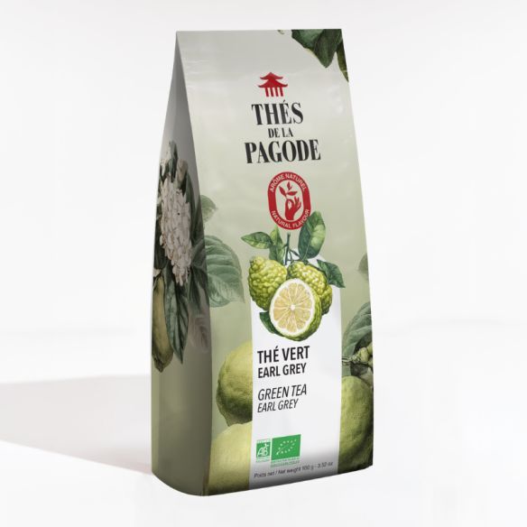 Thé Vert Earl Grey Bio – 100 g Thé Vert Earl Grey Bio Thés de la Pagode 100 g au thé vert Chun Mee et arôme naturel de bergamote de Calabre