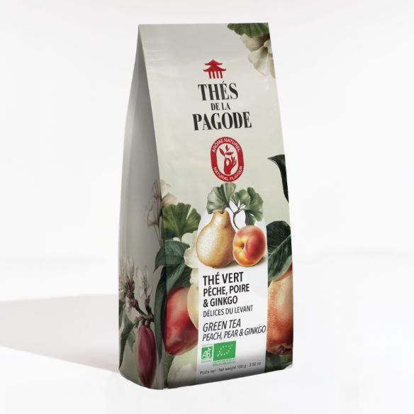 Thé Vert Délices du Levant Bio – 100 g Thé Vert Délices du Levant Bio Thés de la Pagode 100 g à la poire, pêche, ginkgo et cynorhodon Bio
