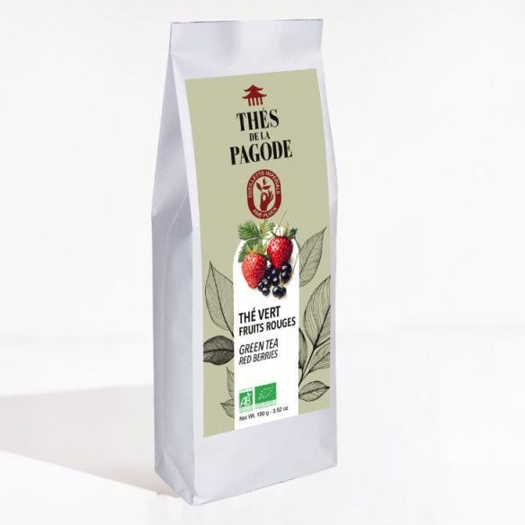 Thé Vert Fruits Rouges Bio – 100 g Thé Vert Fruits Rouges Bio Thés de la Pagode 100 g au thé vert Chun Mee avec cassis, fraise, framboise, myrtille et groseille