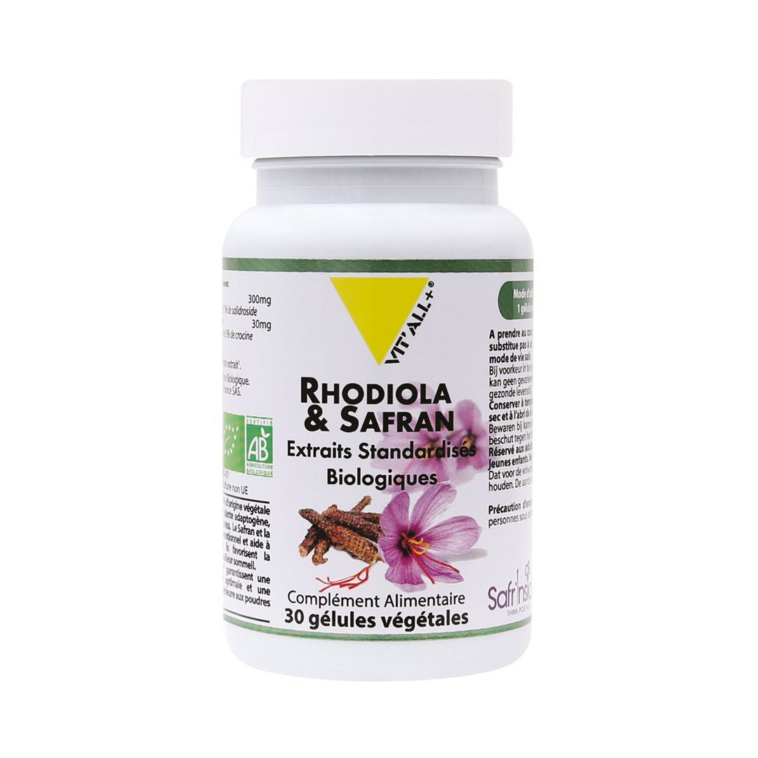Rhodiola Safran bio 30 gélules Rhodiola Safran 30 gélules bio – complément alimentaire à base de rhodiola rosea et safran standardisé, fabrication française