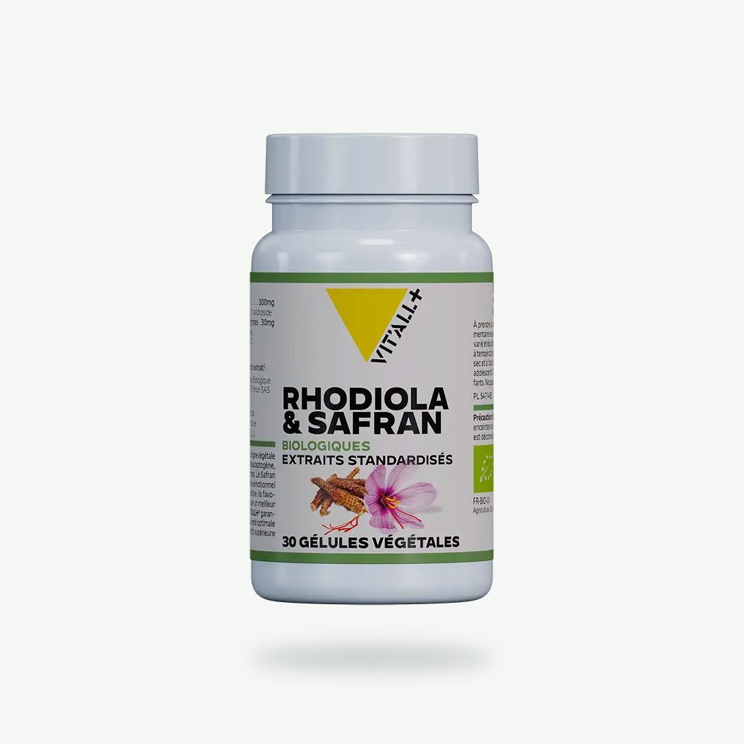 Rhodiola & Safran Bio Vit’All+ – 300 mg de Rhodiola rosea et 30 mg de safran standardisés pour l’équilibre émotionnel.