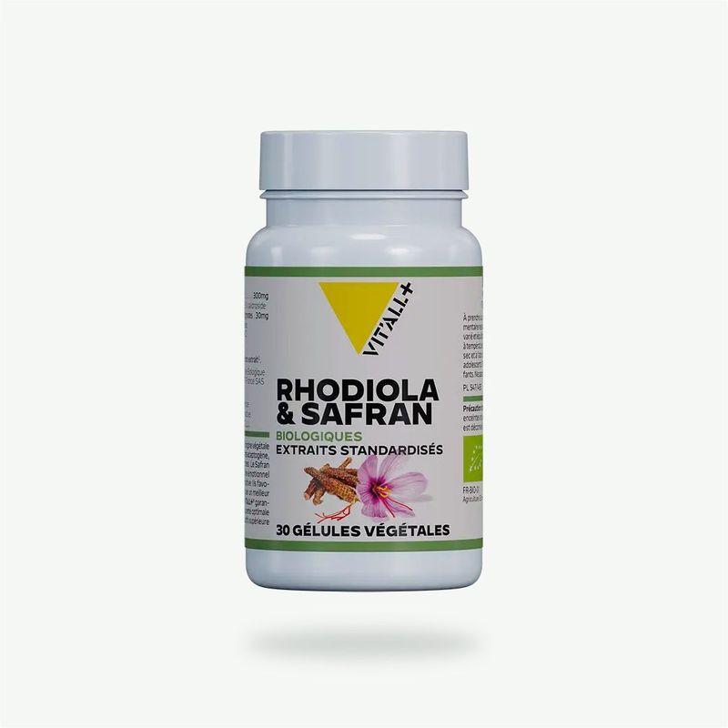 Rhodiola & Safran Bio – 30 gélules Rhodiola & Safran Bio Vit’All+ – 300 mg de Rhodiola rosea et 30 mg de safran standardisés pour l’équilibre émotionnel.