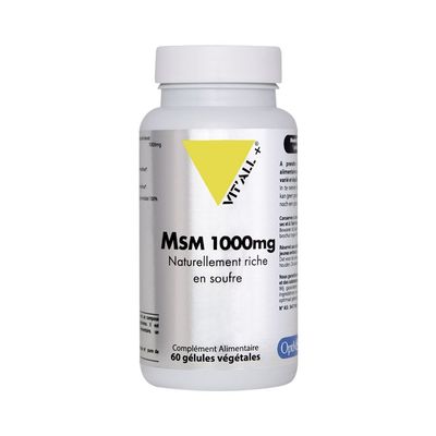 MSM 1000 mg Vit'All+ 60 gélules à base d'OptiMSM, source de soufre organique hautement purifié.