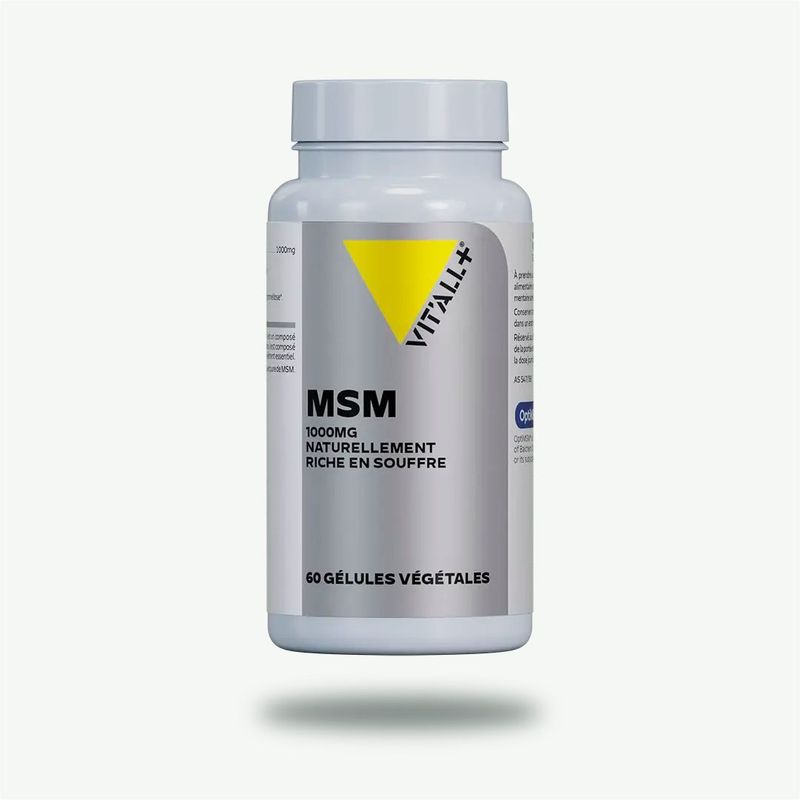 MSM Méthyl-Sulfonyl-Méthane 1000 mg – 60 gélules MSM Méthyl-Sulfonyl-Méthane 1000 mg Vit’All+ – OptiMSM® forme bioidentique et pure composée à 34 % de soufre élémentaire .