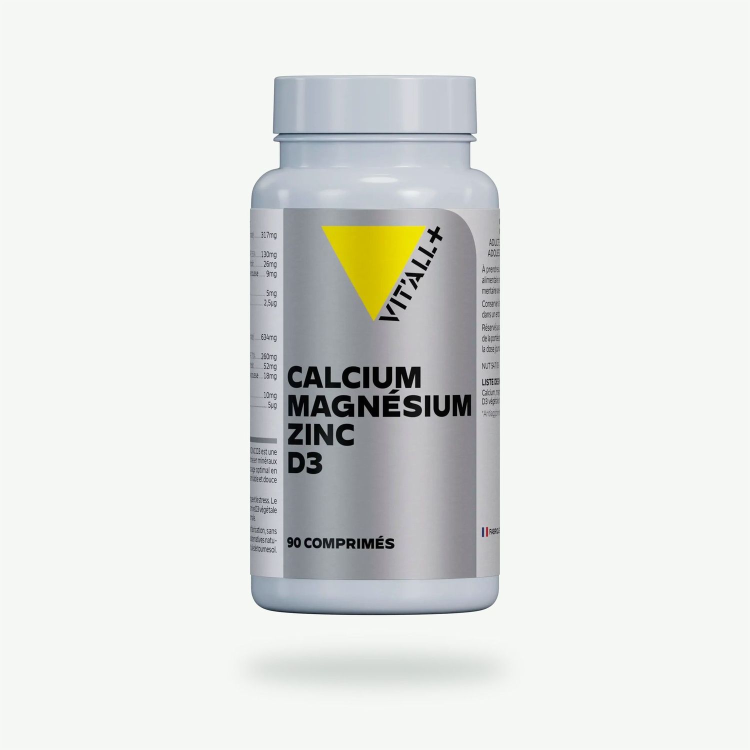 Calcium Magnésium Zinc + D3 – 90 comprimés Calcium Magnésium Zinc Bisglycinate + Vitamine D3 végétale Vit’All+ – Flacon de 90 comprimés