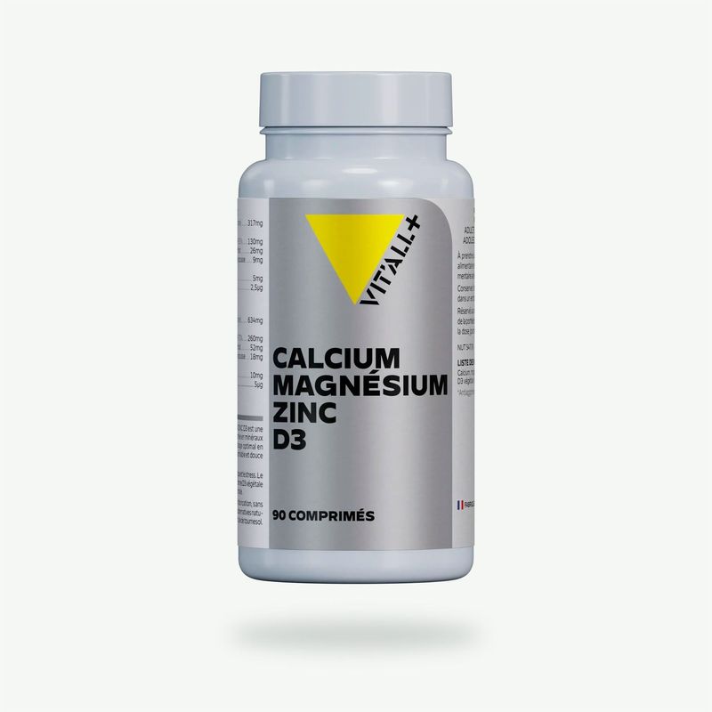 Calcium Magnésium Zinc + D3 – 90 comprimés Calcium Magnésium Zinc Bisglycinate + Vitamine D3 végétale Vit’All+ – Flacon de 90 comprimés
