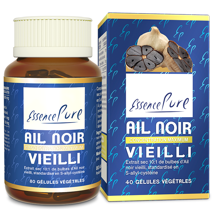 Ail noir vieilli 40 gélules Ail noir vieilli 40 gélules – extrait concentré 10:1 d’ail noir (Allium sativum) standardisé en S-allyl-cystéine.
