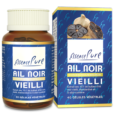 Ail noir vieilli 40 gélules – extrait concentré 10:1 d’ail noir (Allium sativum) standardisé en S-allyl-cystéine.
